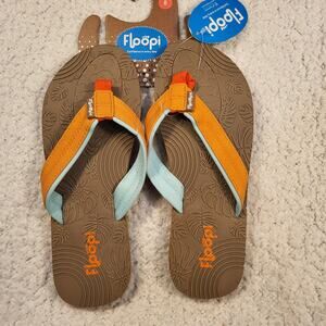 NWT Floopi Calli Floral Thong Flip Flops orange straps blue Sandals Women size 8